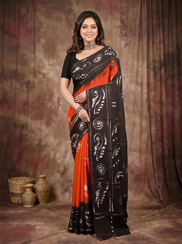 DipDiya Pure Cotton Dark Orange Pihu Handcrafted Elegance Batik Print Sarees