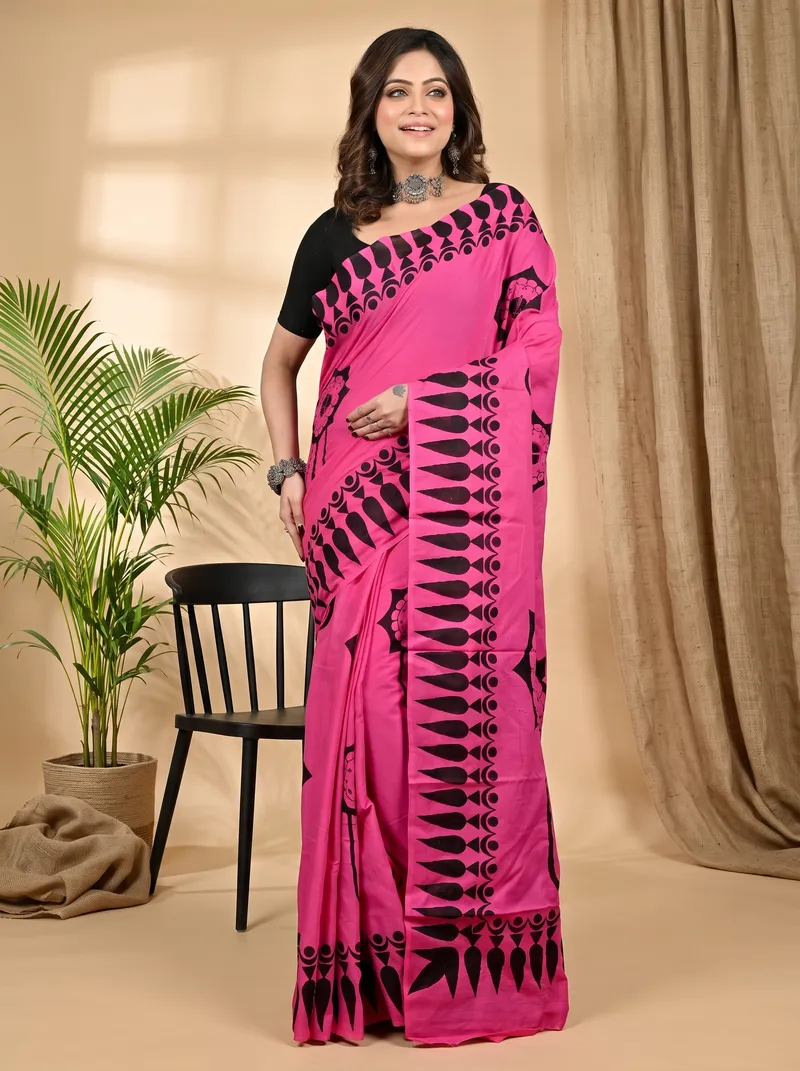 DipDiya Pure Cotton Dark Pink Febui Bengal’s Tradition Printed Handloom Sarees