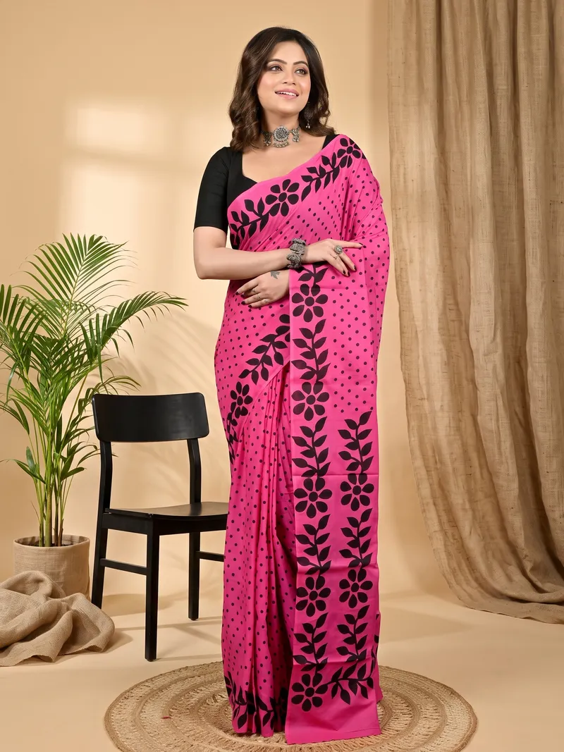 DipDiya Pure Cotton Dark Pink Febuitwo Classic Grace Printed Handloom Sarees