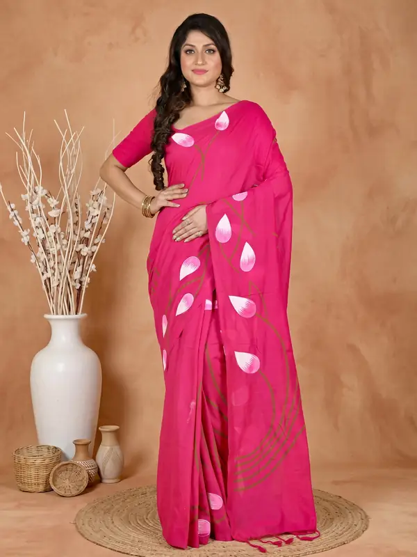 DipDiya Pure Cotton Dark Pink Kamal Regal Bengali Hand Painted Sarees