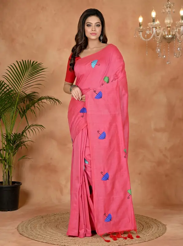 DipDiya Pure Cotton Dark Pink Umber Than Wrapped in Heritage Embroidery Handloom sarees