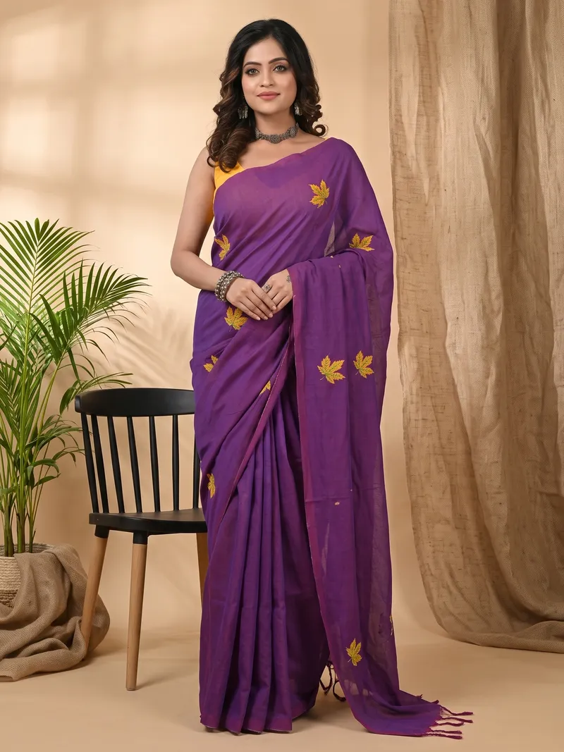DipDiya Pure Cotton Dark Purpel Achrun Heritage Elegance Embroidery Handloom sarees