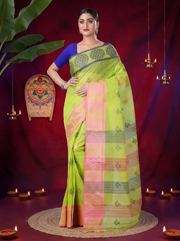 DipDiya Pure Cotton Green Ananda Regal Bengali Tant Sarees