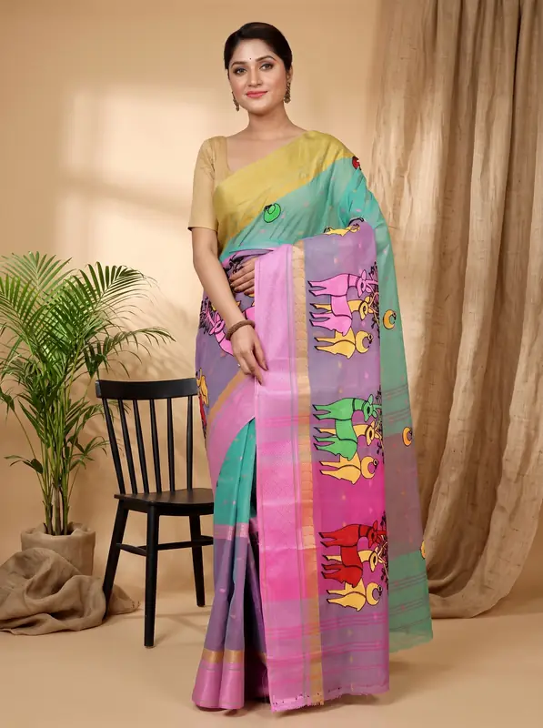 DipDiya Pure Cotton Green and Pink Embi Ganga Indra Weaves with a Story Embroidery Tant Sarees