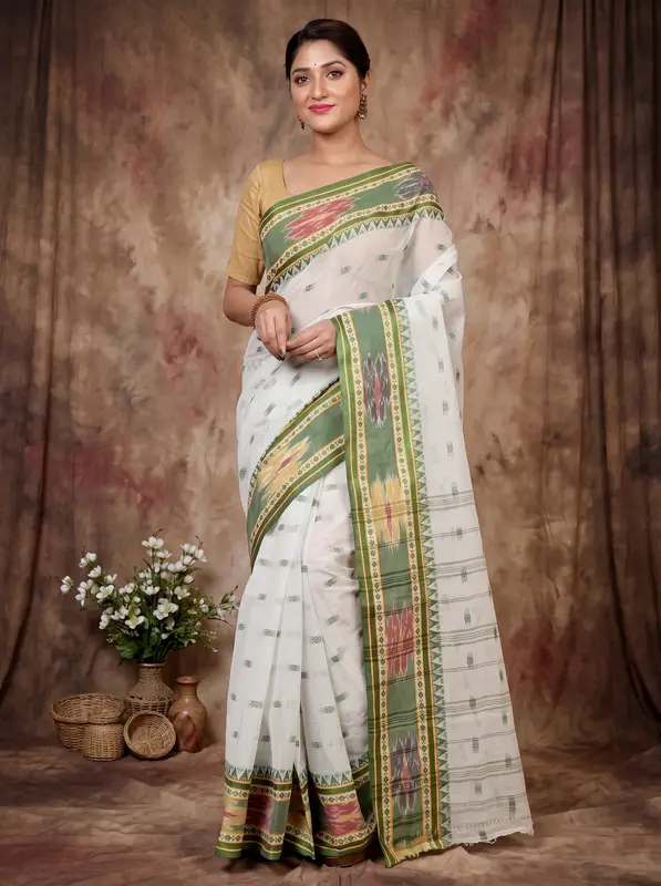 DipDiya Pure Cotton Green and White Hema Elegant by Tradition Tant Sarees