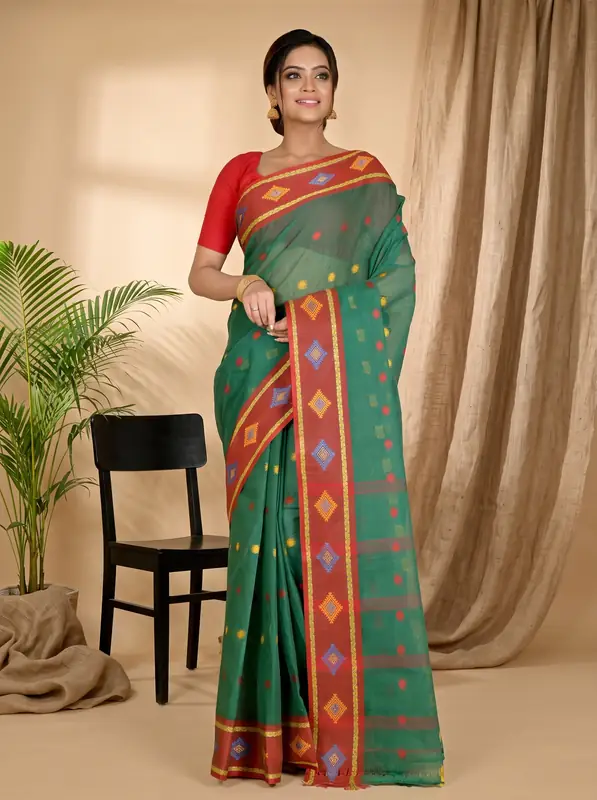 DipDiya Pure Cotton Green Apula Regal Bengali Tant Sarees