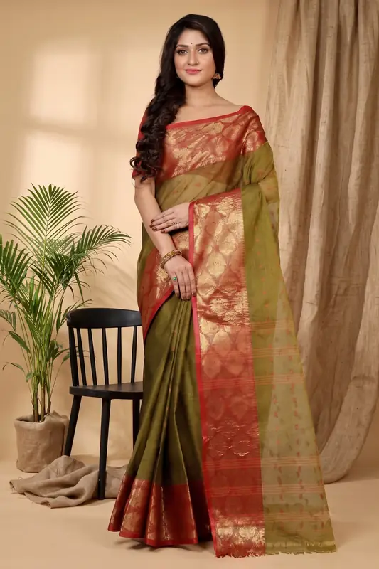 DipDiya Pure Cotton Green Asmanito Loom to Love Tant Sarees
