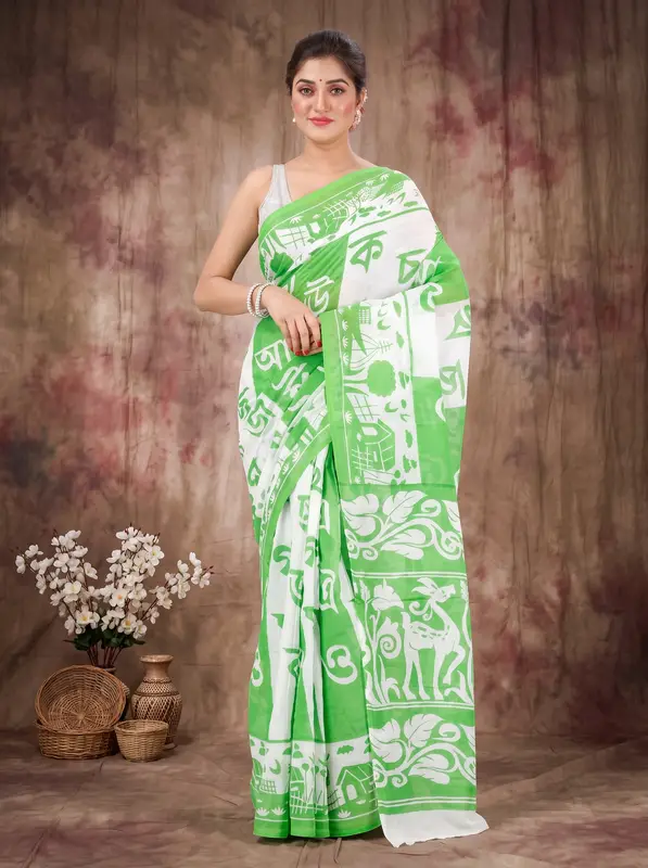 DipDiya Pure Cotton Green Barnomala Classic Bengali Handloom Sarees