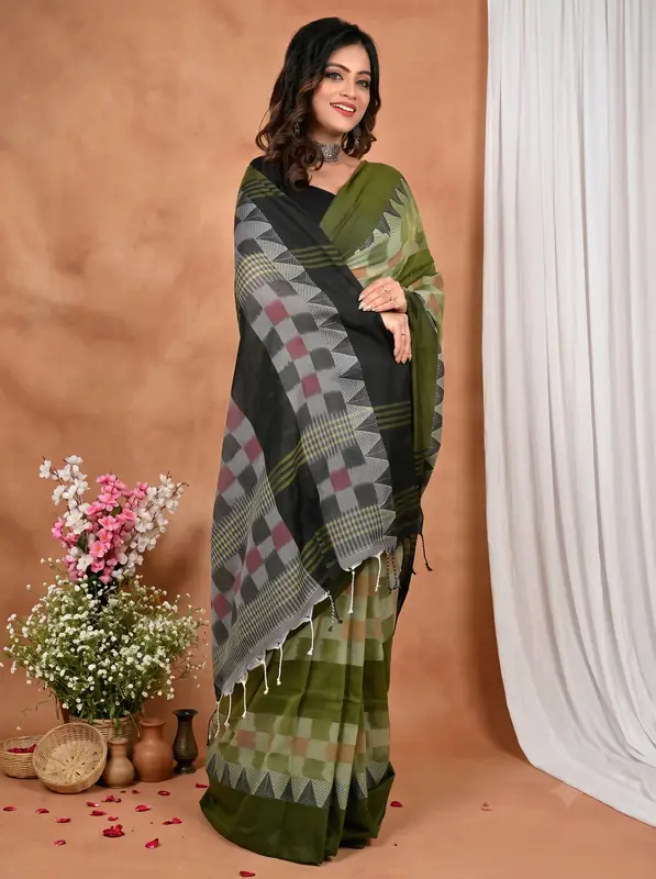 DipDiya Pure Cotton Green Black Hiran Weaves with a Story Handloom Sarees