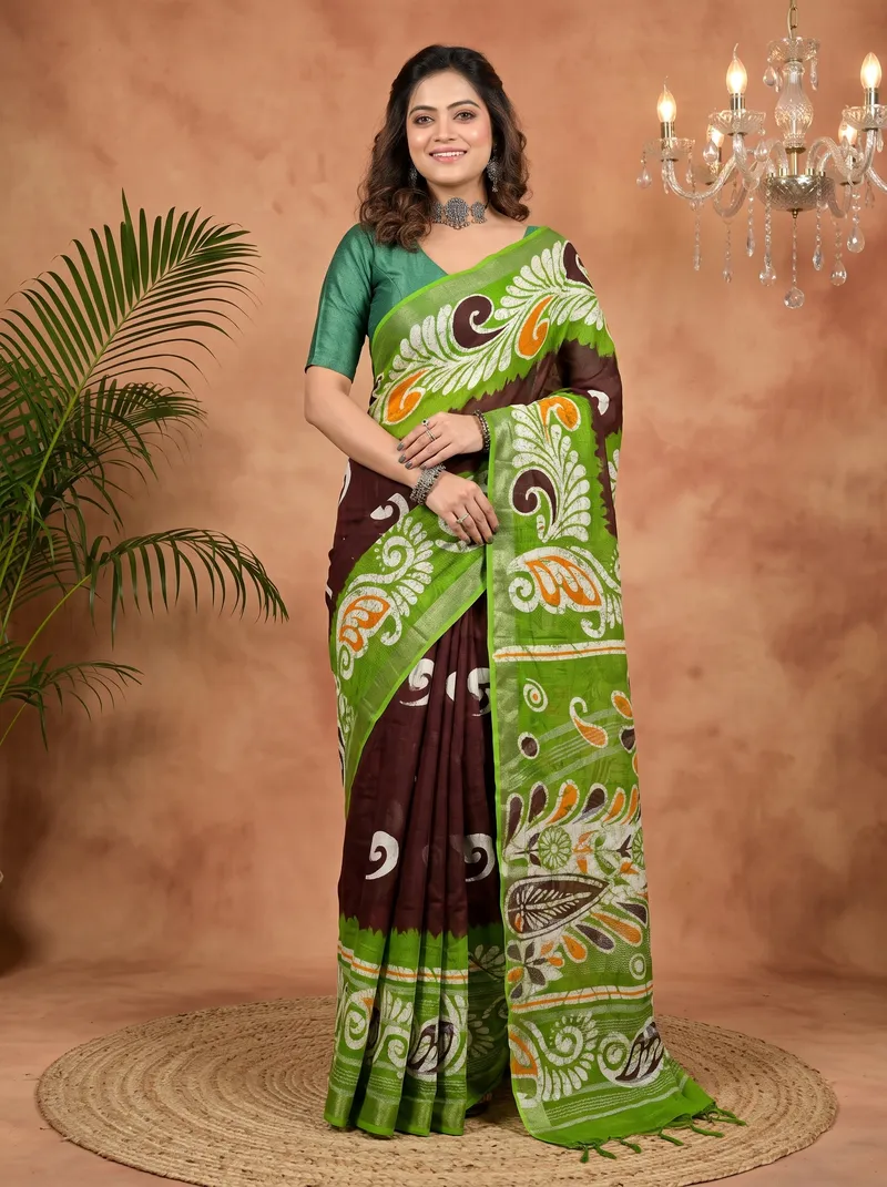 DipDiya Pure Cotton Green Brown Dinesi Grace of Bengal Batik Print Sarees