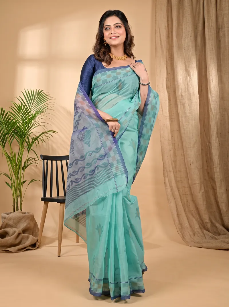 DipDiya Pure Cotton Green Devai Loom to Love Printed Tant Sarees