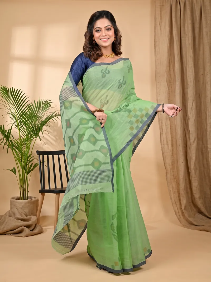 DipDiya Pure Cotton Green Dipui Threads of Tradition Printed Tant Sarees