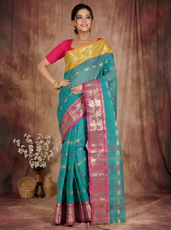 DipDiya Pure Cotton Green Dui Has Traditional Bengali Tant Sarees
