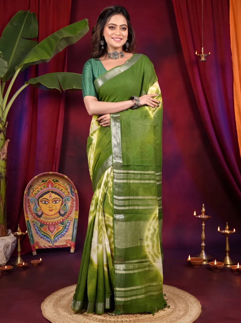 DipDiya Pure Cotton Green Finui Timeless Bengal Handloom Sarees