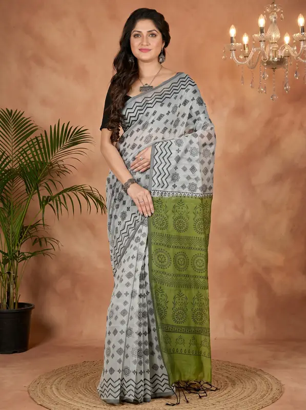 DipDiya Pure Cotton Green Grey Senak Regal Bengali Printed Handloom Sarees