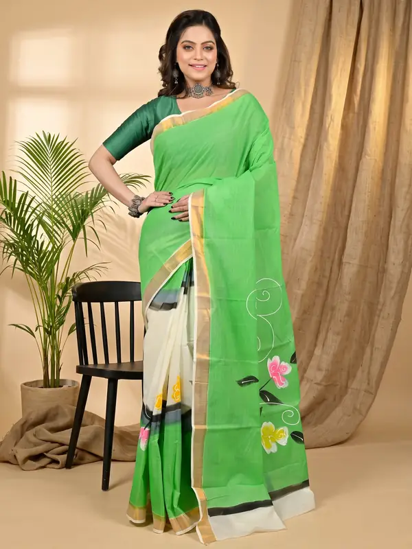 DipDiya Pure Cotton Green Hataka Woven with Tradition Hand Painted Sarees