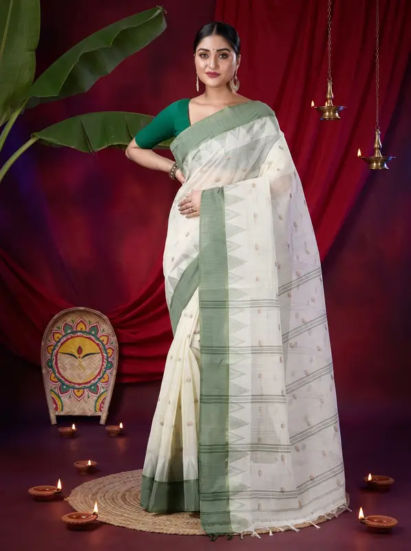 DipDiya Pure Cotton Green Ishvari Threads of Tradition Tant Sarees