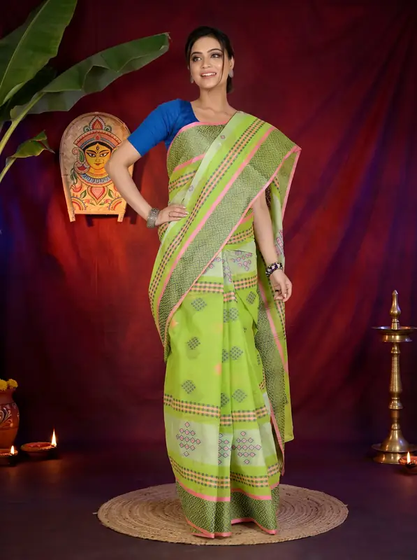 DipDiya Pure Cotton Green Krita Woven with Tradition Tant Sarees