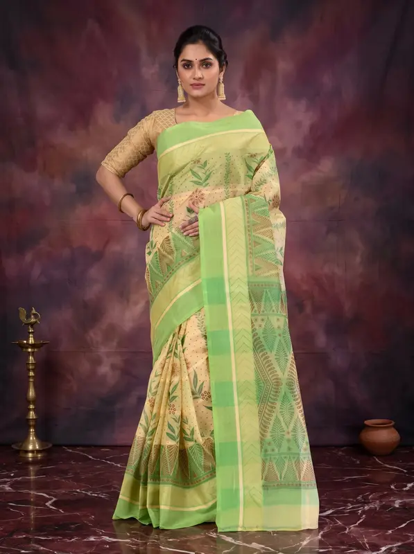DipDiya Pure Cotton Green Lata Pata Bengali Heritage Printed Tant Sarees