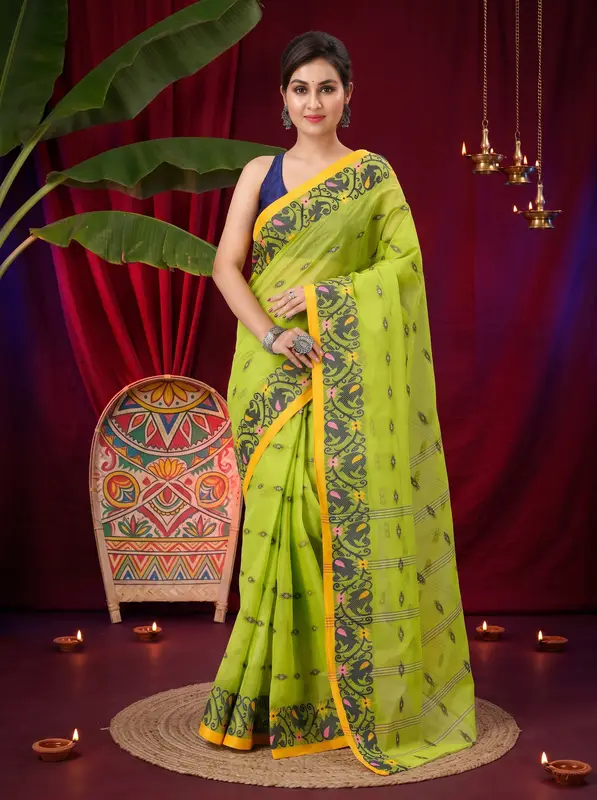 DipDiya Pure Cotton Green Lucy Crafted in Bengal Tant Sarees