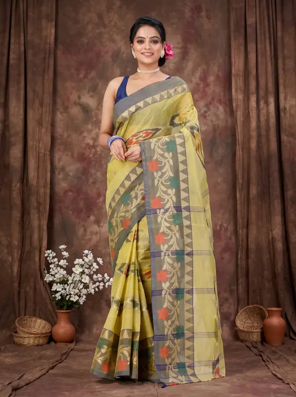 DipDiya Pure Cotton Green Mili Pure Bengali Grace Tant Sarees