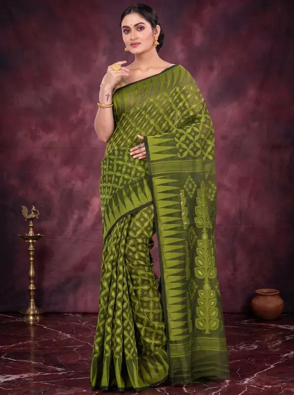 DipDiya Pure Cotton Green Minakari Jmdni Traditional Bengali Jamdani Sarees