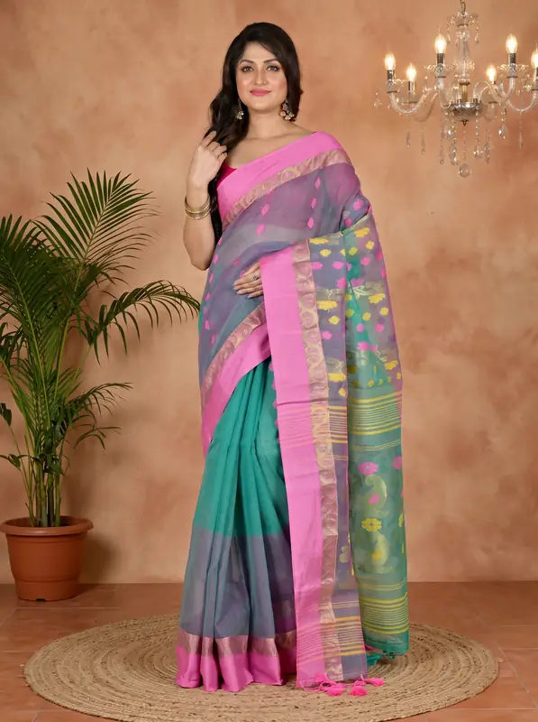 DipDiya Pure Cotton Green Pink Madhka Bengal’s Legacy Tant Sarees
