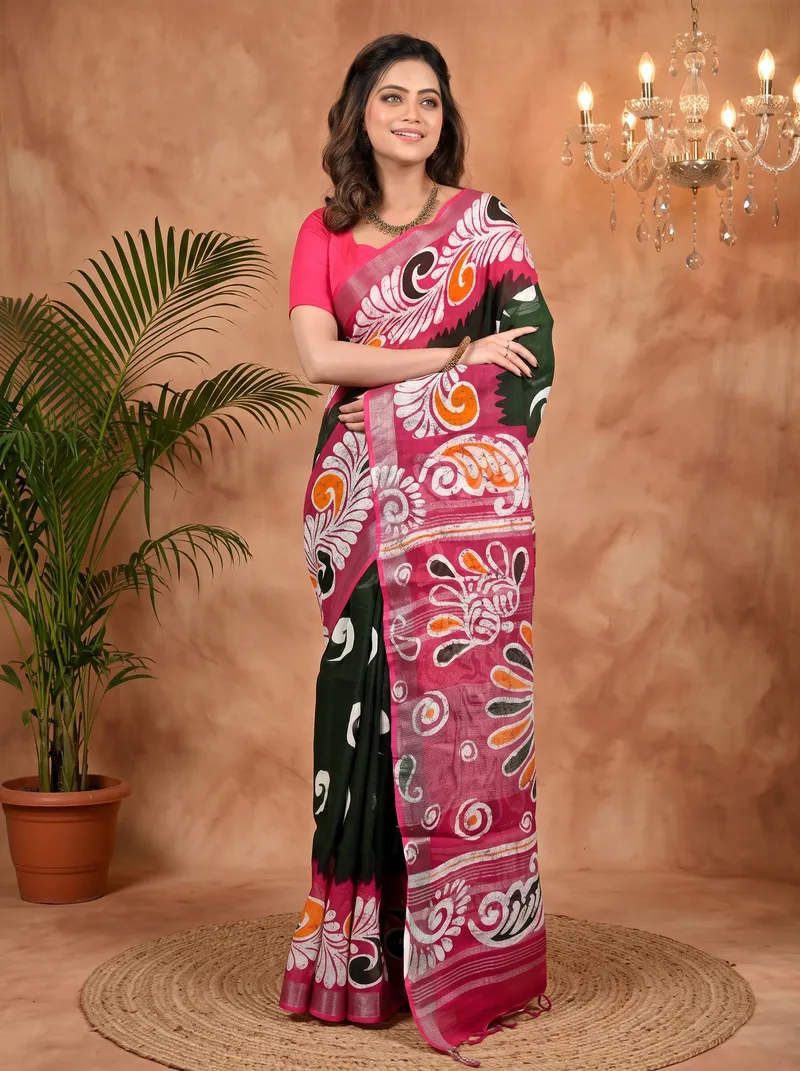 DipDiya Pure Cotton Green Purpel Dinesi Handloom Heritage Batik Print Sarees