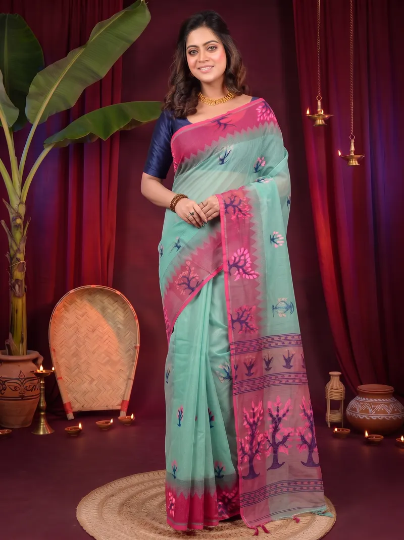 DipDiya Pure Cotton Green Purple Fevai Grace of Bengal Jamdani Sarees