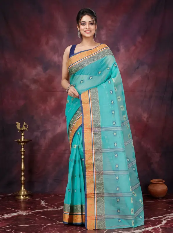 DipDiya Pure Cotton Green Pushti Desiging The Bengali Classic Tant Sarees