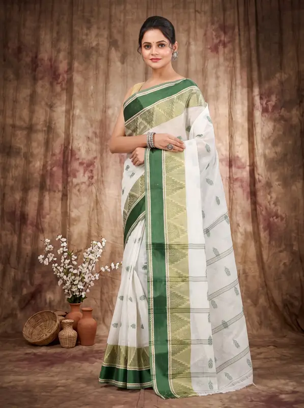 DipDiya Pure Cotton Green Sadasob Handcrafted Elegance Tant Sarees