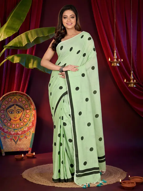 DipDiya Pure Cotton Green Tip Elegant by Tradition Handloom Sarees