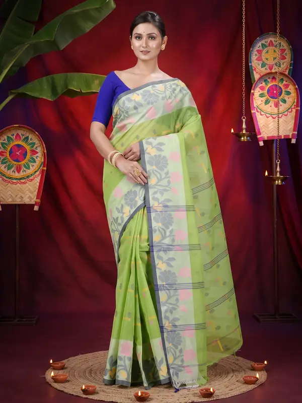 DipDiya Pure Cotton Green Urva Classic Bengali Tant Sarees
