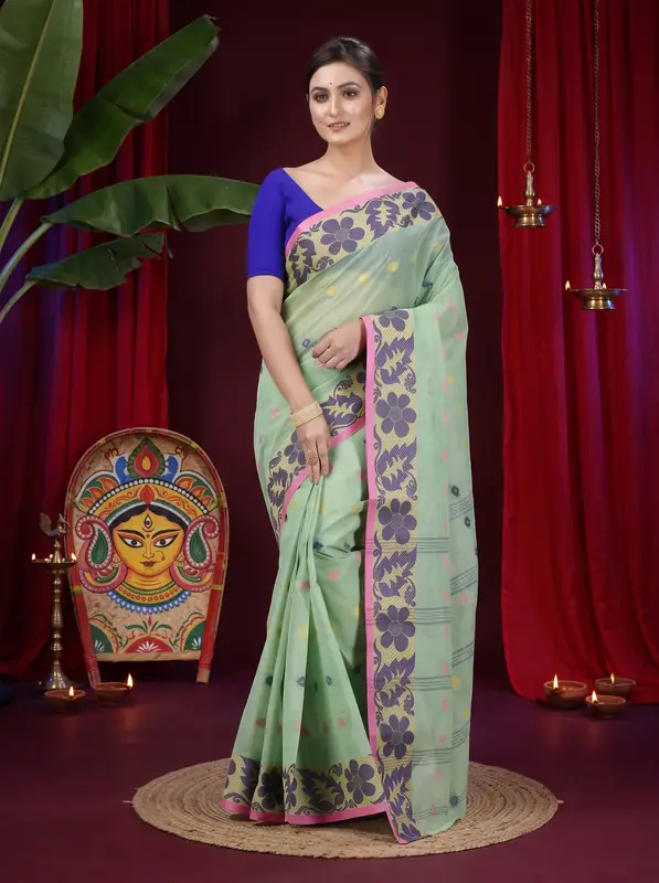 DipDiya Pure Cotton Green Ushi Handloom Heritage Tant Sarees