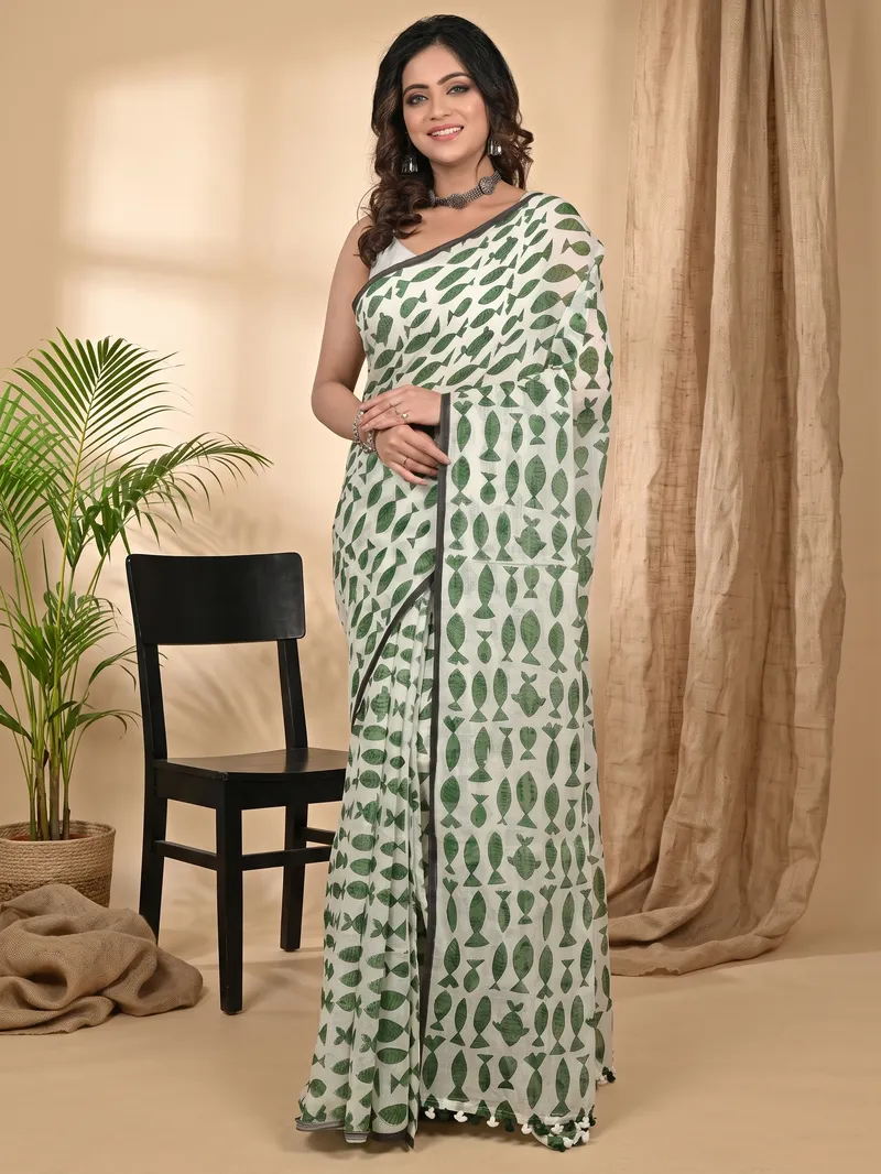 DipDiya Pure Cotton Green White Achdik Essence of Bengal Kalamkari Printed Sarees