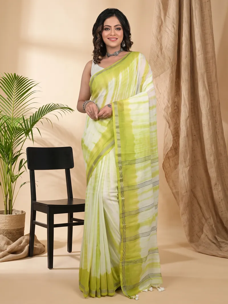 DipDiya Pure Cotton Green White Achmol Classic Bengali Badhni Dye Sarees