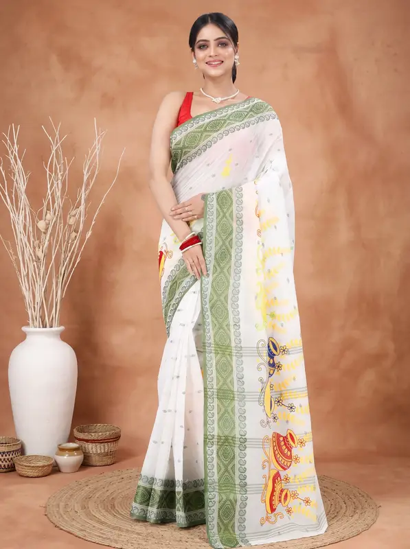 DipDiya Pure Cotton Green White Embi Boysko Ghot Bengal in Every Thread Embroidery Tant Sarees