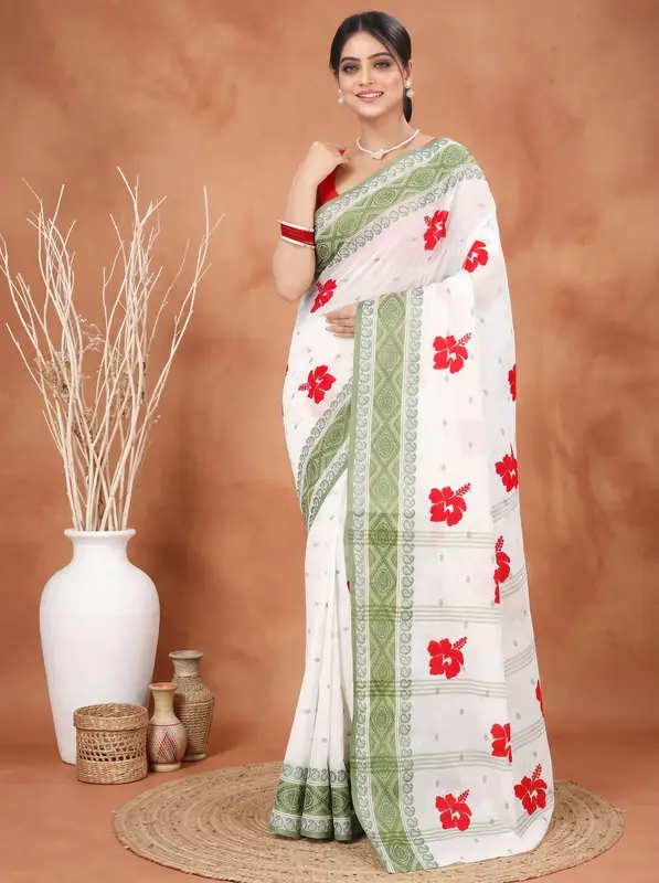 DipDiya Pure Cotton Green White Embi Boysko Jova Threads of Tradition Embroidery Tant Sarees