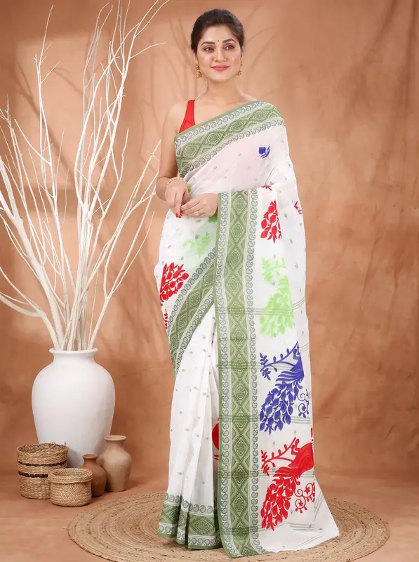 DipDiya Pure Cotton Green White Embi Boysko Moyur Woven by Hand Embroidery Tant Sarees