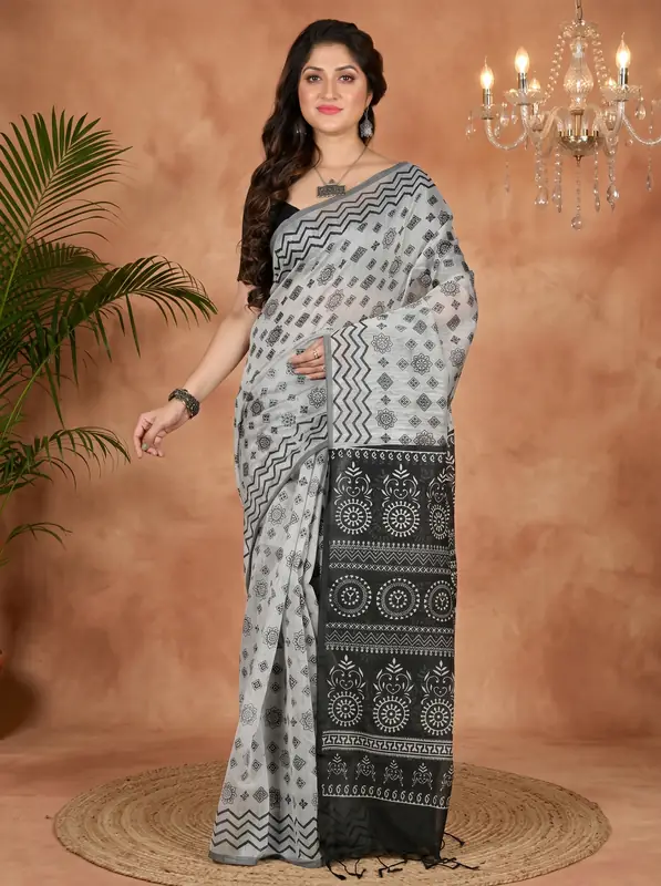 DipDiya Pure Cotton Grey Black Senak The Bengali Classic Printed Handloom Sarees