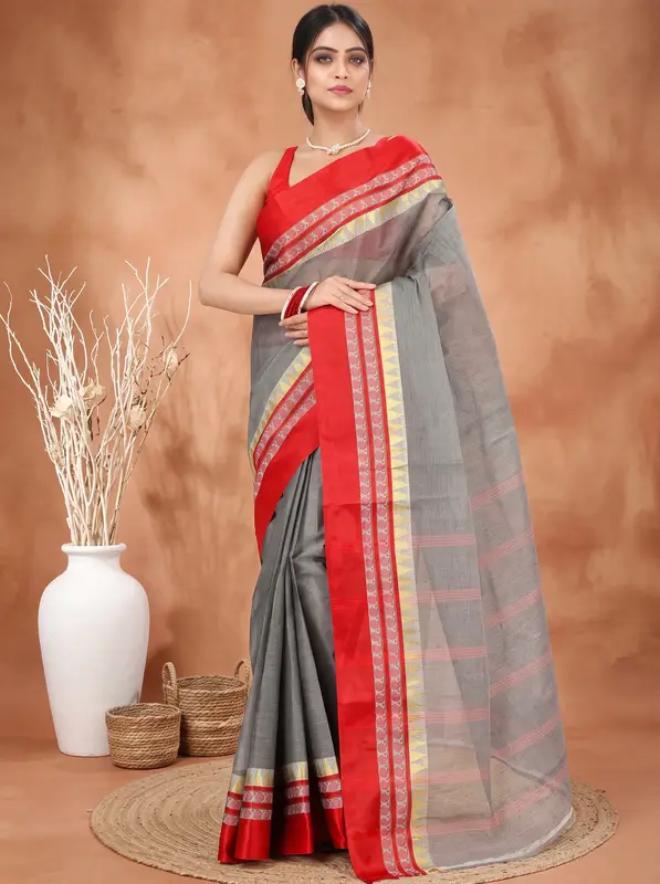DipDiya Pure Cotton Grey Ethan Regal Bengali Tant Sarees