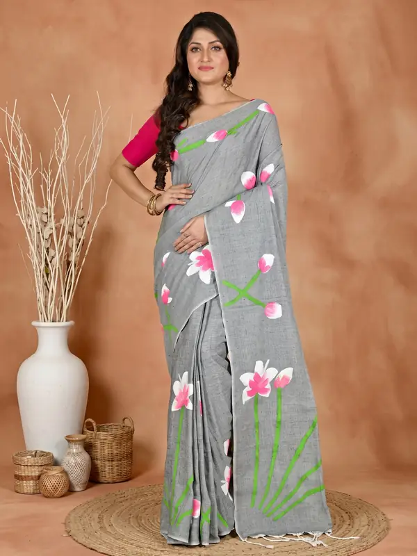 DipDiya Pure Cotton Grey Kamal Heritage of Bengal Hand Painted Sarees