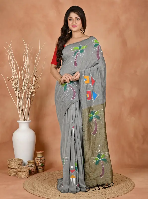 DipDiya Pure Cotton Grey Keshaka Threads of Tradition Hand Painted Sarees