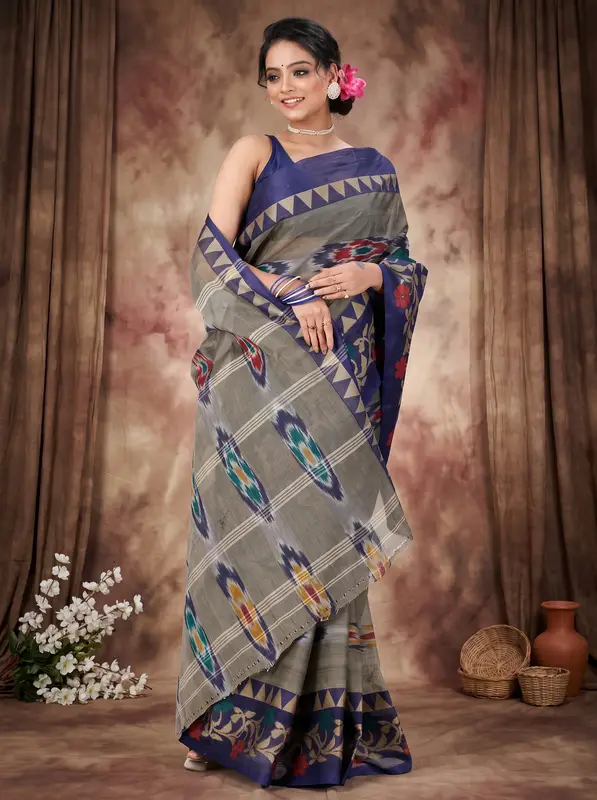 DipDiya Pure Cotton Grey Mili Regal Bengali Tant Sarees