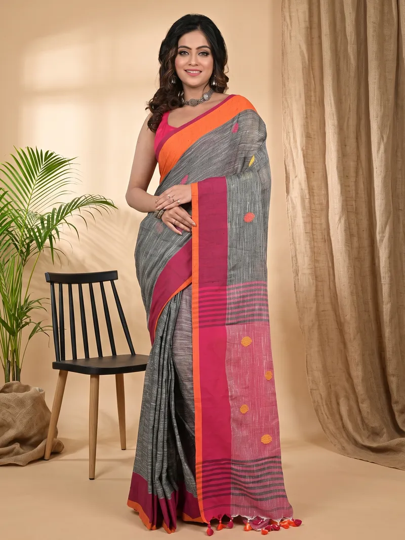 DipDiya Pure Cotton Grey Orange Achkol Traditional Elegance Handloom Sarees