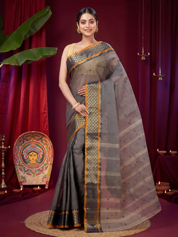 DipDiya Pure Cotton Grey Peral Crafted by Artisans Tant Sarees
