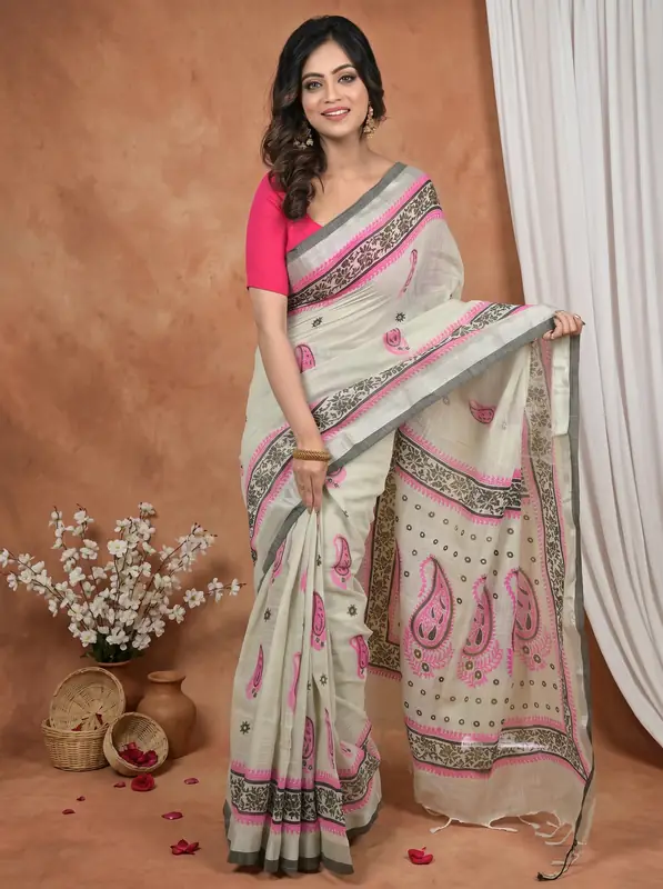 DipDiya Pure Cotton Grey Pink Hilda The Bengali Classic Printed Handloom Sarees
