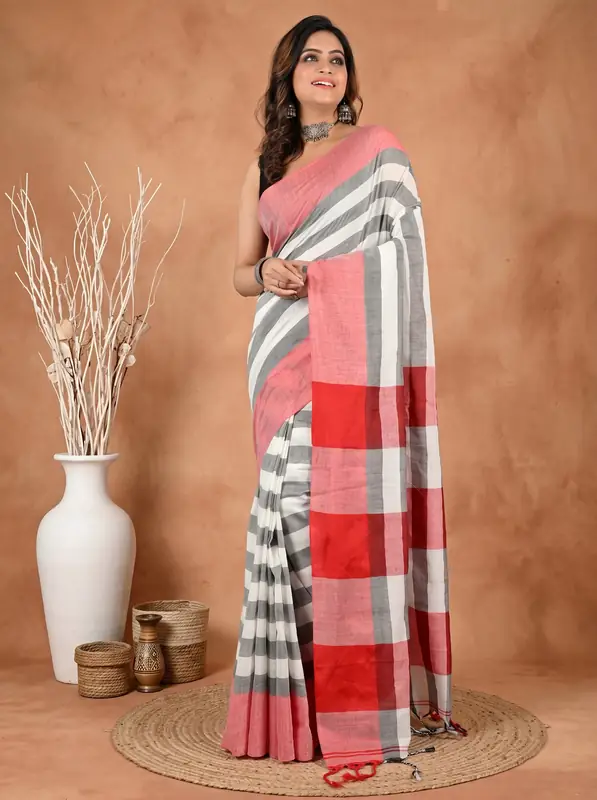 DipDiya Pure Cotton Grey White Bimti Woven by Hand Handloom Sarees