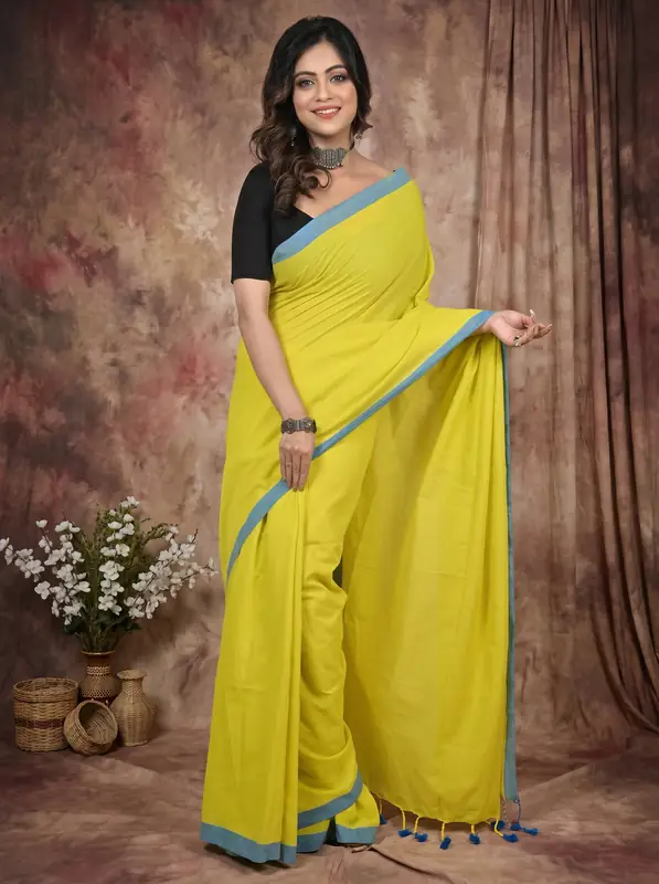 DipDiya Pure Cotton Lemon Yellow Gittu Classic Bengali Handloom Sarees