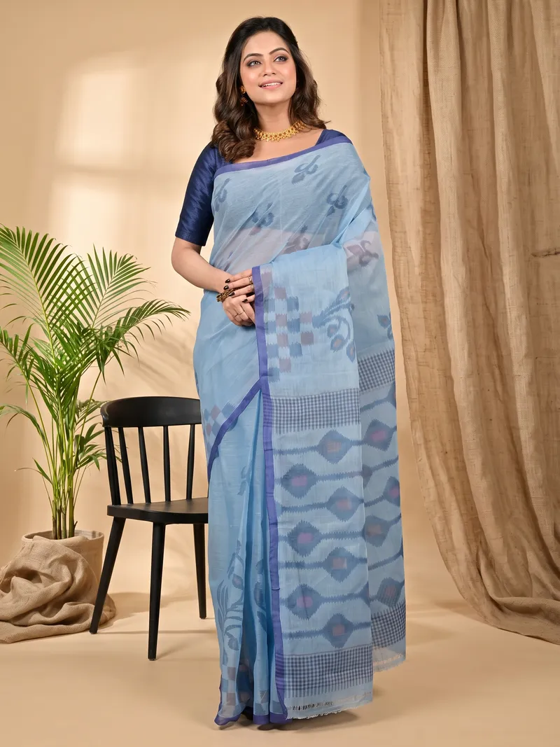 DipDiya Pure Cotton Light Blue Dipui Timeless Elegance Printed Tant Sarees